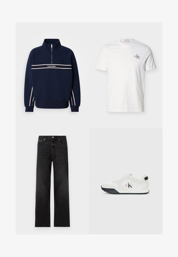 Marineblauwe sweatshirt met een halve ritssluiting bij de kraag, witte strepen over de borst en branding in het midden. Gebreide textuur met geribbelde boorden.; Wit T-shirt van katoen met korte mouwen, kleine grijze "Calvin Klein"-logo op de linkerborst, ronde hals en regular fit.; Zwarte jeans met rechte pijpen, vijf zakken, riemlussen en knoopsluiting, weergegeven op een witte achtergrond.; Calvin Klein witte sneaker met zwarte zool, suede en mesh panelen, CK-logo op de zijkant en Calvin Klein branding op de hiel en zool.