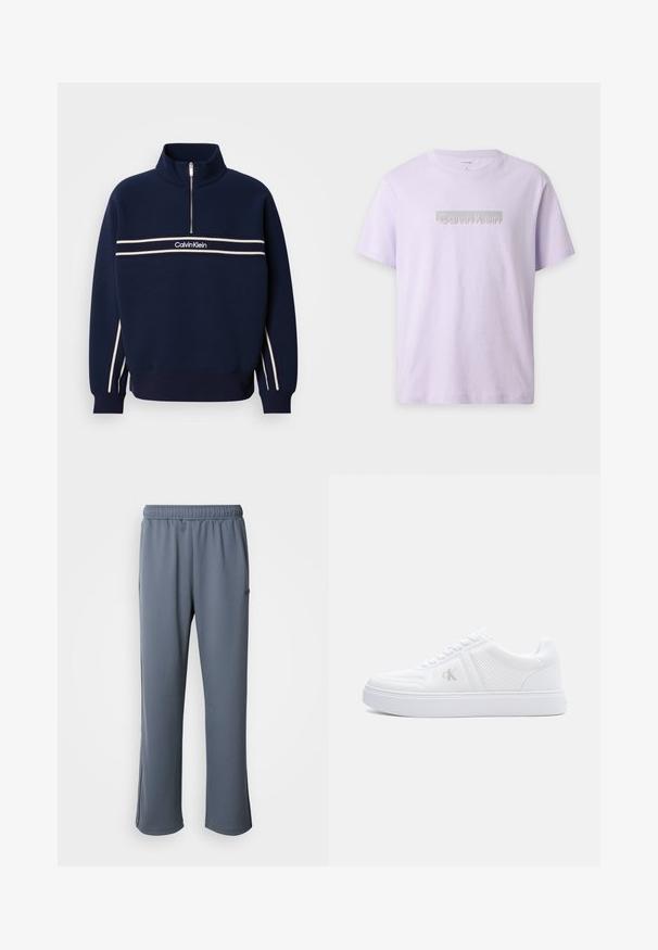 Marineblå sweatshirt med en halvlange lynlås, hvide striber over brystet og branding i midten. Strikket tekstur med ribbede manchetter.; Lyse lilla T-shirt med korte ærmer og rund halsudskæring, med "Calvin Klein" logo centreret på brystet i refleksprint.; Grå sweatpants med elastisk talje, sidelommer og en afslappet pasform. Fremstillet af blødt stof med en glat tekstur og uden synlige mønstre.; Hvid lavtsiddende sneaker med struktureret stof, snørelukning, flad sål og subtilt "cK"-logo på sidepanelet.