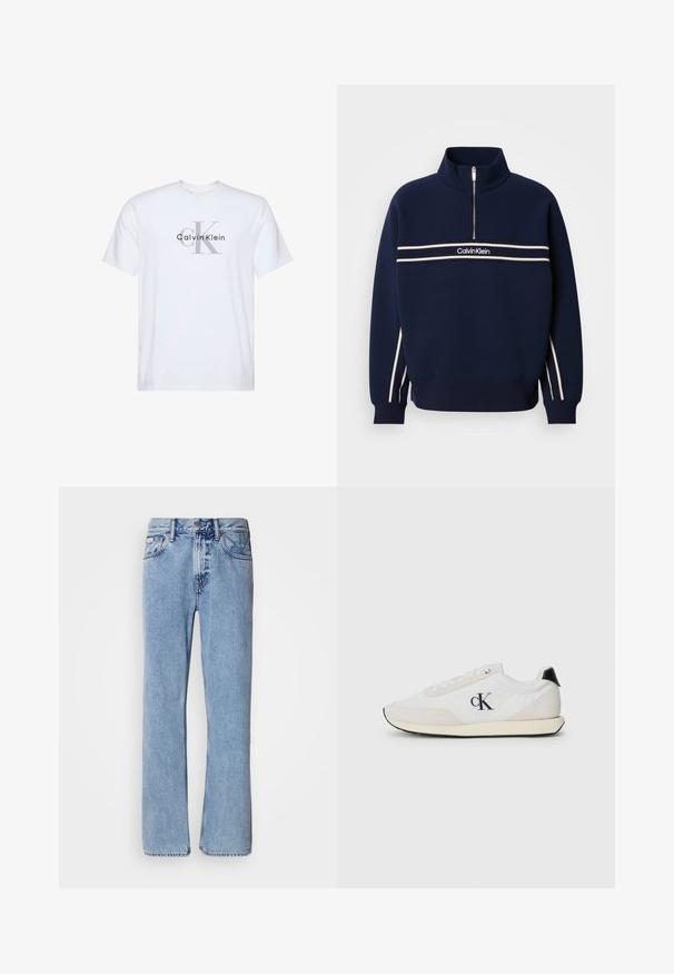 Sudadera azul marino con cuello de media cremallera, franjas blancas en el pecho y logotipo en el centro. Textura de punto con puños acanalados.; Camiseta blanca de manga corta con un logo gris "ck" y texto "Calvin Klein" impreso en negro en el centro delantero.; Jeans de mezclilla azul claro con un diseño de pierna recta, cinco bolsillos y cierre de botón. Detalles de costura cerca de los bolsillos y la cintura.; Zapatilla blanca con materiales de ante y tela. Presenta un acento negro en el talón, diseño con cordones y un pequeño logotipo negro en el lateral.