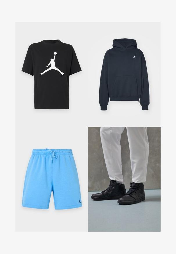Sort hættetrøje lavet af bomuld med en kængurulomme, afslappet pasform og et lille hvidt Jumpman-logo på venstre brystområde.; Sort T-shirt med korte ærmer med en hvid silhuet af en basketballspiller, der hopper, og holder en bold over hovedet i en stjernehop-position.; Lyseblå atletikshorts med elastisk talje, justerbar snøre og lille sort Jumpman-logo på det nederste venstre ben.; Sorte højtop sneakers i glat læder, rund tå og snørelukning; parret med hvide tapered bukser, vist på et tekstureret gulv.