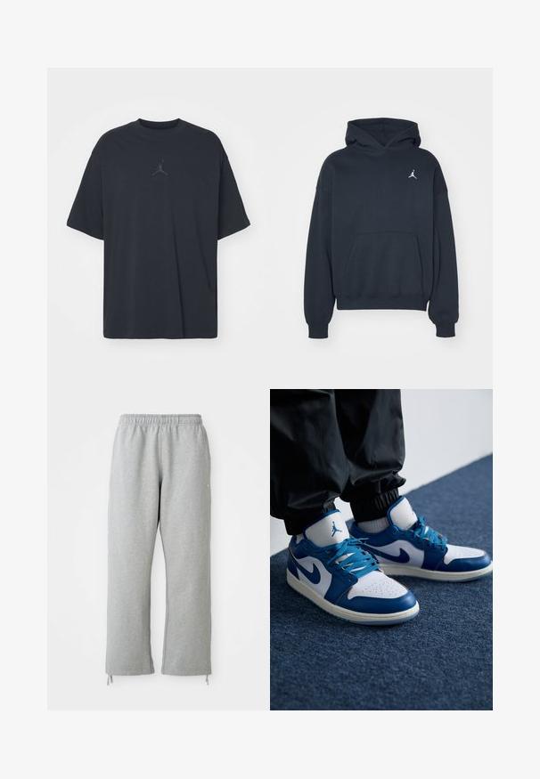 Zwarte hoodie van katoen met een kangoeroezak, relaxte pasvorm en een klein wit Jumpman-logo op de linkerkant van de borst.; Zwarte katoen T-shirt met een losse pasvorm, ronde hals, korte mouwen, met een subtiele logo en de tekst "AIR" boven het logo in het midden.; Grijze sweatpants met een elastische tailleband, rechte pijpen en trekkoordaccenten aan de zoom. Gemaakt van zachte, gestructureerde stof.; Nike Air Jordan sneakers hebben een witte leren basis met blauwe synthetische accenten, een geperforeerde neusdoos en blauwe veters.