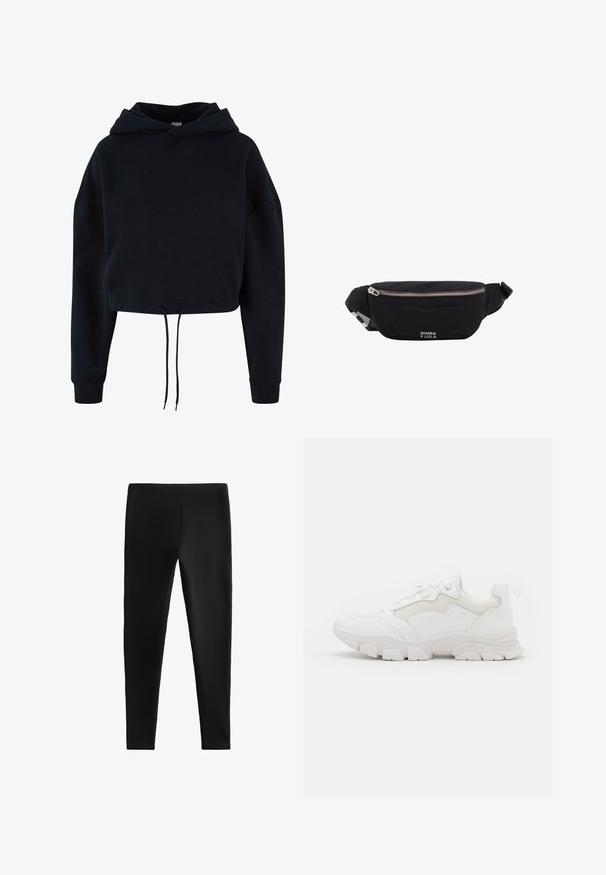 Schwarzer, kurzer Hoodie aus weichem Baumwollstoff. Verfügt über einen Kordelzug am Saum und eine große Kapuze, mit langen Ärmeln und gerippten Bündchen.; Schwarze Leggings aus dehnbarem Material, mit einer körperbetonten Passform ohne sichtbare Nähte oder Taschen, geeignet für verschiedene Aktivitäten.; NA-KD Sneaker low - white; Schwarze Stoff-Gürteltasche mit silbernem Reißverschluss und verstellbarem Riemen, mit kleinem weißen "Bimba y Lola"-Logo auf der Vorderseite.