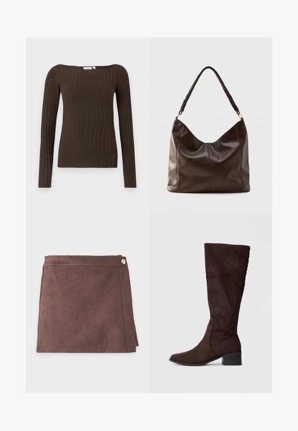 Haut à manches longues côtelé marron avec encolure carrée et coupe ajustée, fabriqué en tissu tricoté doux pour un confort optimal.; Mini-jupe en daim marron avec un bouton latéral et des détails de couture subtils sur un fond clair uni.; Bottes en daim marron jusqu'au genou avec un bout pointu et un talon carré. Texture lisse, design ajusté avec des détails de couture minimaux.; Sac à bandoulière en cuir brun foncé avec une poignée tressée et des coutures apparentes sur le devant.