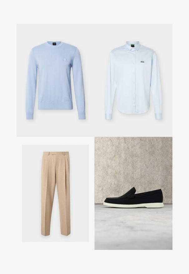 Lyseblå, langærmet striksweater med rund hals, ribbet manchetter og kant samt et lille broderet firkantet detaljer på venstre bryst.; Lyseblå langærmet skjorte med knapper og krave, sort "BOSS"-logo på venstre bryst og manchetter med knapper.; Beige skræddersyede bukser med frontplisser, bæltestropper og lige ben, vist mod en ensartet lys baggrund.; Sort slip-on sko med afrundet tå, der har en tekstureret overdel, glat hvid sål og en subtil branddetalje på siden.