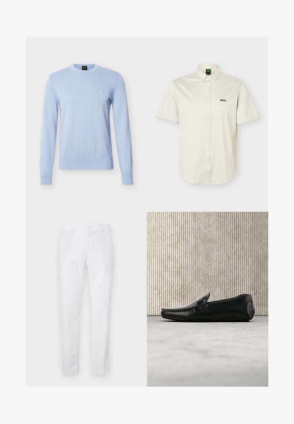 Hellblauer langärmliger Strickpullover mit Rundhalsausschnitt, gerippten Bündchen und Saum sowie einem kleinen eingenähten Quadrat auf der linken Brust.; Weißes Kurzarmhemd mit durchgehender Knopfleiste, umklappbarem Kragen, schwarzem "BOSS"-Logo auf der Brust und grünem Etikett am inneren Kragen.; Weiße Slim-Fit-Hose mit Gürtelschlaufen und Seitentaschen, flach auf hellem Hintergrund ausgelegt.; Schwarze Lederloafers mit glänzender Oberfläche, runder Zehenpartie und dekorativem Metallbesatz an der Front. Flache Gummisohle. Glatte Textur.