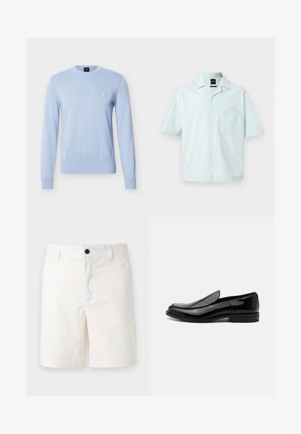 Pull en maille bleu clair à manches longues avec col rond, poignets et ourlet côtelés, et un petit détail carré cousu sur le côté gauche de la poitrine.; Chemise bleu clair à manches courtes avec col, poche poitrine et petit logo brodé au-dessus de la poche.; Shorts blancs jusqu'aux genoux avec passants pour ceinture et un bouton noir à la taille, présentés sur un fond clair uni.; Chaussure de ville noire en cuir brillant à enfiler, avec talon bas et bout arrondi, vue de côté sur fond blanc uni.