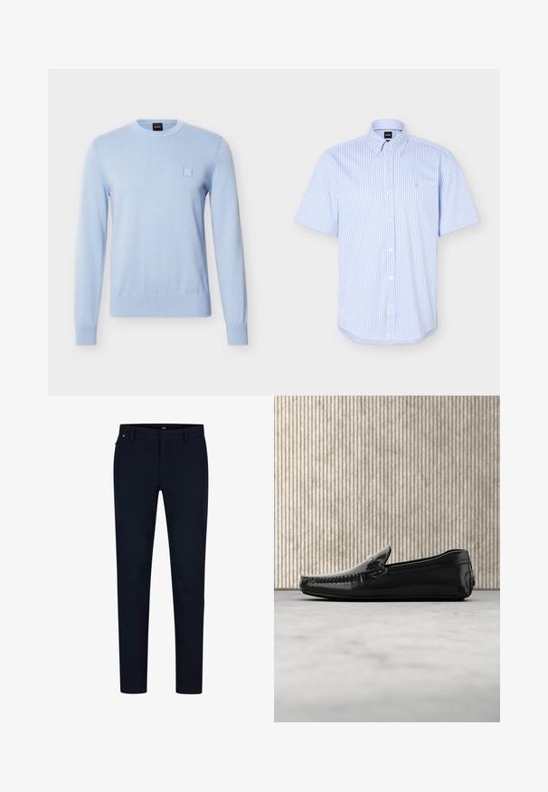 Suéter de punto azul claro de manga larga con cuello redondo, puños y dobladillo acanalados, y un pequeño detalle cuadrado cosido en el pecho izquierdo.; Camisa de manga corta con rayas verticales en azul claro y blanco, cierre de botones, cuello abotonado y un discreto logo bordado en el pecho.; Pantalones navy confeccionados en tejido suave, con un corte ajustado, trabillas para cinturón y una cremallera oculta. Sin patrones ni acentos notables.; Mocasines de cuero negro con un acabado brillante, punta redonda y herrajes decorativos en la parte delantera. Suela de goma de bajo perfil. Textura suave.
