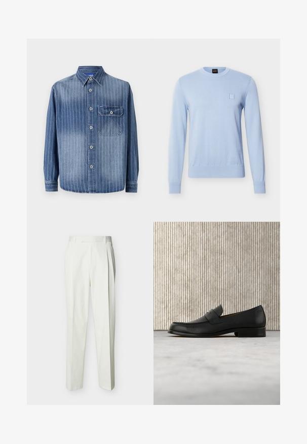 Hellblauer langärmliger Strickpullover mit Rundhalsausschnitt, gerippten Bündchen und Saum sowie einem kleinen eingenähten Quadrat auf der linken Brust.; Dhemdung mit vertikalen, hellblauen Streifen, klassischem Kragen, Knopfverschluss, einer Brusttasche auf der linken Seite und langen Ärmeln mit geknöpften Manschetten.; Weiße, maßgeschneiderte, hoch taillierte Hose mit Gürtelschlaufen und vorderen Falten, auf einfachem Hintergrund präsentiert.; Schwarzer Leder-Slipper schwebt über einem beigen Teppich, im Hintergrund ein glänzender, runder brauner Tisch.