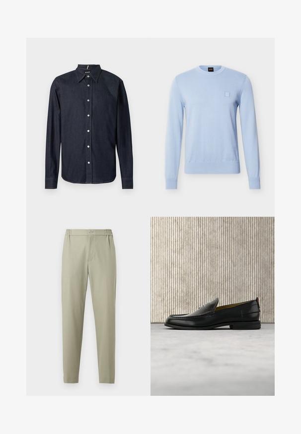 Pull en maille bleu clair à manches longues avec col rond, poignets et ourlet côtelés, et un petit détail carré cousu sur le côté gauche de la poitrine.; Chemise en denim bleu foncé à manches longues avec col pointu et boutons-pression argentés sur le devant, avec surpiqûres contrastantes.; Pantalon beige fuselé avec taille élastique, fermeture par bouton et braguette zippée à l'avant, présenté sur un fond blanc plat.; Mocassin pour homme en cuir noir avec un dessus embossé effet croco et un petit talon, présenté de profil sur un fond neutre.