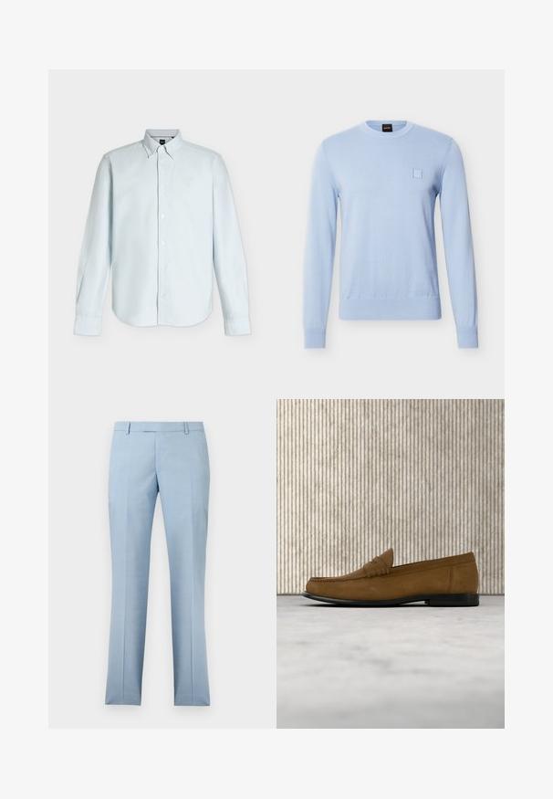 Pull en maille bleu clair à manches longues avec col rond, poignets et ourlet côtelés, et un petit détail carré cousu sur le côté gauche de la poitrine.; Chemise bleu clair à manches longues, à boutons, avec col boutonné et logo discret sur la poitrine gauche.; Pantalon habillé pour homme bleu clair, ajusté, avec passants pour ceinture et une fermeture éclair à l'avant, présenté sur un fond blanc.; Mocassin en daim marron avec semelle noire flottant au-dessus d'un tapis beige clair, à côté d'un pied de table rond marron et brillant.