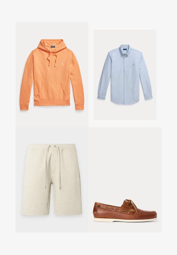 Orange hættetrøje med lange ærmer, frontlomme og snore, med lille hvid Polo Ralph Lauren-logo på brystet.; Lyseblå langærmet skjorte med hvide lodrette striber og et lille broderet Polo Ralph Lauren-logo på brystet.; Beige atletikshorts lavet af tekstureret stof, med elastisk linning med snøre og sidelommer. Diskret logodetalje.; Brun læder bådsko med hvid sål, snørebånd bundet foroven og metal-øjer langs siderne og i forreste syning.