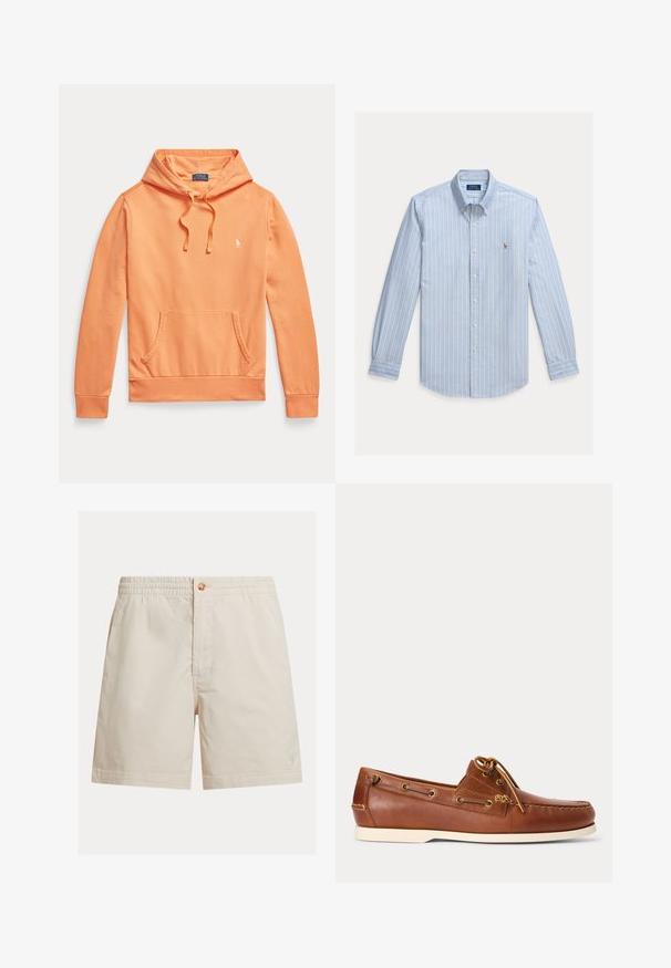 Oranžová mikina s dlhým rukávom a kapucňou, predným vreckom a šnúrkami, s malým bielym logom Polo Ralph Lauren na hrudi.; Svetlomodrá košeľa s dlhým rukávom na gombíky s bielymi vertikálnymi pruhmi a malým vyšívaným logom Polo Ralph Lauren na hrudi.; Pánske svetlobéžové šortky z bavlnenej zmesi, s elastickým pásom, zapínaním na gombík a jedným logom pri leme.; Hnedá kožená lodná obuv s bielou podrážkou, šnúrka zviazaná na vrchu a kovové oko pozdĺž strán a predného švu.