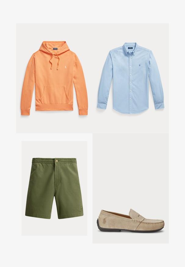 Sudadera naranja de manga larga con capucha, bolsillo delantero tipo canguro y cordones, con un pequeño logo blanco de Polo Ralph Lauren en el pecho.; Camisa azul claro de manga larga con botones, cuello abotonado y pequeño logo bordado en el pecho izquierdo.; Pantalones cortos verde oliva con cintura elástica, cierre de botón y detalles cosidos. Textura suave con un logo en el dobladillo.; Mocasines de ante beige con detalle cosido, suela de goma plana y un pequeño logotipo en el lateral. Diseño clásico de slip-on, textura suave.