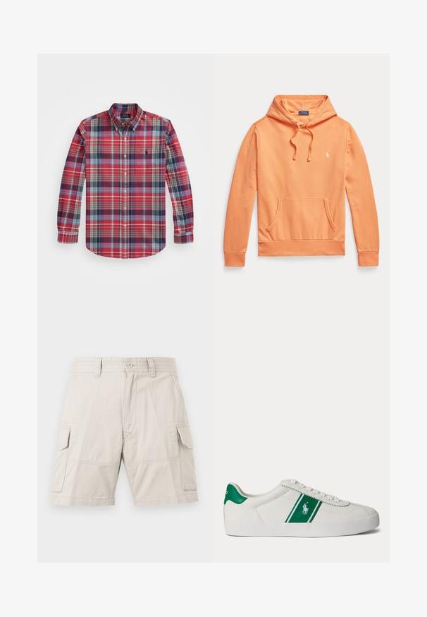 Oranžikasi pikkade varrukatega kapuutsiga dressipluus, ees tasku ja paelad, väikese valge Polo Ralph Laureni logoga rinnal.; Pikend varrukatega ruuduline särk punases, sinises ja rohelises värvitoonis, nööbitava kraega, rinna taskuga ja logo tikandiga vasakul küljel.; Beežid cargo-lühikesed püksid nööpkinnitusega, vööaasad, küljetaskud ja lisataskud iga reie peal.; Valge madala säärega toss roheline triibu ja Polo logoga küljel, rohelise kandmisega ja valgete paeltega, esitatud vasakult küljelt lihtsal taustal.