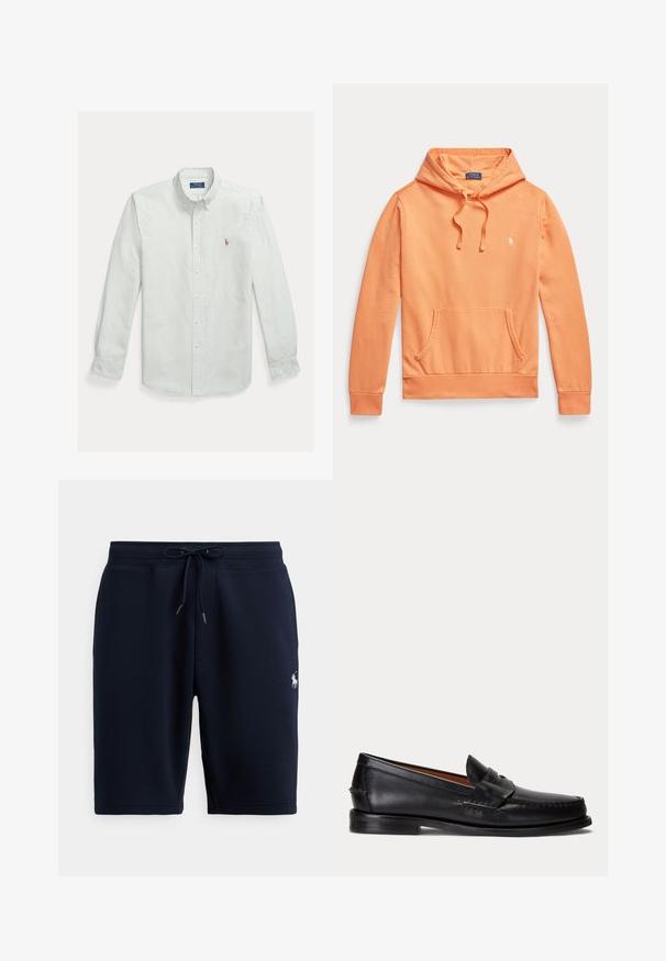 Oranžikasi pikkade varrukatega kapuutsiga dressipluus, ees tasku ja paelad, väikese valge Polo Ralph Laureni logoga rinnal.; Helerohelist ja valgetriibuline nööbitav puuvillane särk, millel on klassikaline krae ja väike tikandiga logo rinnal.; Tumesinised puuvillased spordipüksid elastse vöökoha, pingutuspaela ja vasakul küljel oleva logoga. Sile tekstuur, põlvepikkused.; Mustast nahast loafer madala kontsa ja penny rihma detailiga, näidatud küljelt helehallil taustal.