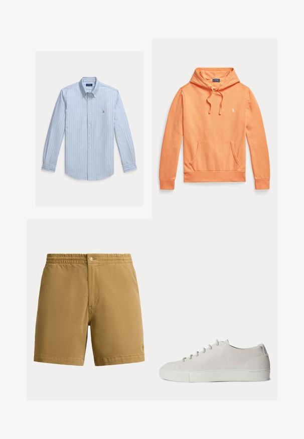 Oranžová mikina s dlhým rukávom a kapucňou, predným vreckom a šnúrkami, s malým bielym logom Polo Ralph Lauren na hrudi.; Svetlomodrá košeľa s dlhým rukávom na gombíky s bielymi vertikálnymi pruhmi a malým vyšívaným logom Polo Ralph Lauren na hrudi.; Pánske šortky farby béžovej s elastickým pásom a zapínaním na gombík, jednoduchý dizajn, dĺžka do polovice stehna, vyrobené z hladkej látky.; Biely nízky semišový teniska so šnurovaním vpredu a gumovou podrážkou, minimalistický dizajn.