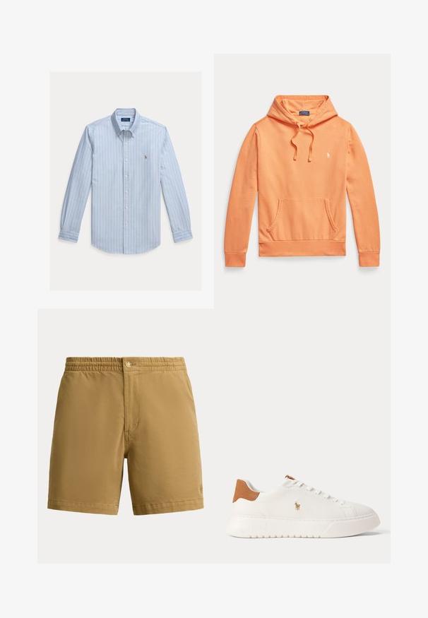 Oranger Kapuzenpullover mit langen Ärmeln, Fronttasche und Kordelzug, mit kleinem weißem Polo Ralph Lauren-Logo auf der Brust.; Hellblaues Langarm-Hemd mit weißen vertikalen Streifen und einem kleinen gestickten Polo Ralph Lauren Logo auf der Brust.; Helle Herren-Shorts mit elastischem Bund und Knopfverschluss, schlichtes Design, mittellange Oberschenkellänge, aus glattem Stoff hergestellt.; Weißer Sneaker mit niedrigem Schaft, beige Fersenlasche, weißen Schnürsenkeln und kleinem, besticktem Polospieler-Logo an der Seite über einer dicken Sohle.