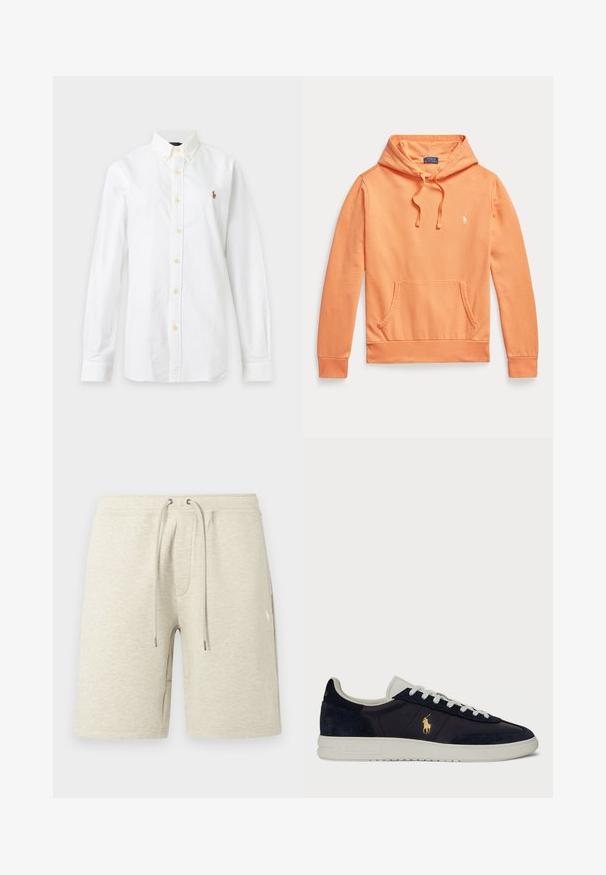 Oranje hoodie met lange mouwen, voorzak en trekkoorden, met een klein wit Polo Ralph Lauren-logo op de borst.; Witte blouse met lange mouwen, knoopsluiting, kraag en klein geborduurd logo op de linkerborst tegen een effen achtergrond.; Beige sportkorte broek gemaakt van textuurbuffer, met een elastische tailleband met koordje en zijzakken. Subtiele logodetail.; Marine leren en suède sneaker met een witte rubberen zool, voorzien van een gouden logo en witte veters, en een gestructureerd ontwerp op de bovenkant.