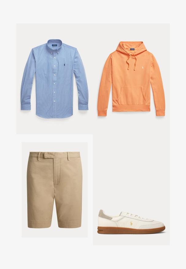 Oranžová mikina s dlhým rukávom a kapucňou, predným vreckom a šnúrkami, s malým bielym logom Polo Ralph Lauren na hrudi.; Svetlomodrá a biela pásikavá košeľa s dlhým rukávom, zapínaná na gombíky, s gombíkovým golierom a malým logom na ľavom hrudníku.; Béžové šortky dĺžky po kolená, na mieru strihané, s pútkami na opasok a predným zapínaním, zobrazené na jednoduchom bielom pozadí.; Biela kožená nízka teniska s hnedou gumovou podrážkou, béžovým semišovým náplasťou na päte a malým zlatým logom Polo na boku.