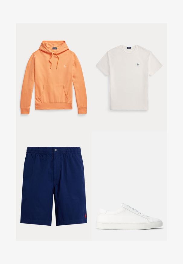 Oranžová mikina s dlhým rukávom a kapucňou, predným vreckom a šnúrkami, s malým bielym logom Polo Ralph Lauren na hrudi.; Biele tričko s krátkym rukávom a okrúhlym výstrihom s malým tmavomodrým logom hráča póla na ľavej strane hrudníka.; Tmavomodré pánske šortky s elastickým pásom, zapínaním na gombík a malým červeným vyšívaným logom na spodnej pravej nohe.; Biele kožené tenisky s hladkým povrchom, zaobleným tvarom, plochou gumenou podrážkou a bielymi šnúrkami. Majú minimalistický dizajn a nenápadné branding.