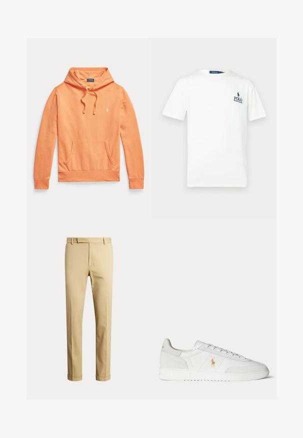 Oranžikasi pikkade varrukatega kapuutsiga dressipluus, ees tasku ja paelad, väikese valge Polo Ralph Laureni logoga rinnal.; Valge puuvillane t-särk, millel on ümmargune kaelus, lühikesed varrukad ja sinine "POLO Ralph Lauren" logo vasakul rinnal.; Meeste beežid mõõdulised püksid vööaasade ja mansettidega, esitatud ühevärvilise heleda tausta ees.; Valge madala säärega tennisking paeltega, kuldse Polo Ralph Laureni logoga küljel ja tekstureeritud tallaga ühevärvsel taustal.
