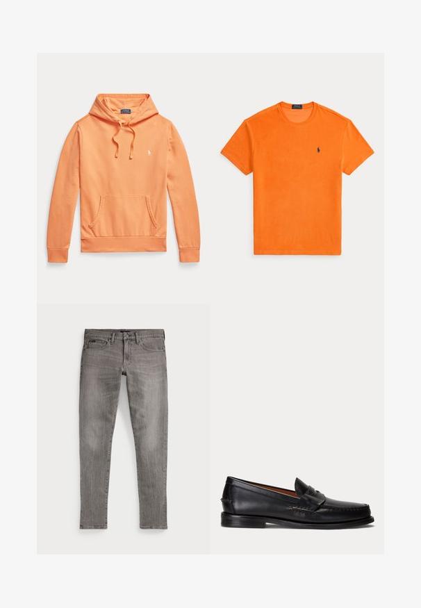 Sudadera naranja de manga larga con capucha, bolsillo delantero tipo canguro y cordones, con un pequeño logo blanco de Polo Ralph Lauren en el pecho.; Camiseta de manga corta de cuello redondo de color naranja brillante con pequeño logo oscuro de Polo Ralph Lauren en el pecho izquierdo.; Jeans de mezclilla gris, ajuste slim, con piernas rectas. Presentan un diseño clásico de cinco bolsillos, detalles de costura y una ligera textura descolorida.; Mocasín negro de cuero con tacón bajo y detalle de correa para moneda, mostrado de lado sobre un fondo gris claro.