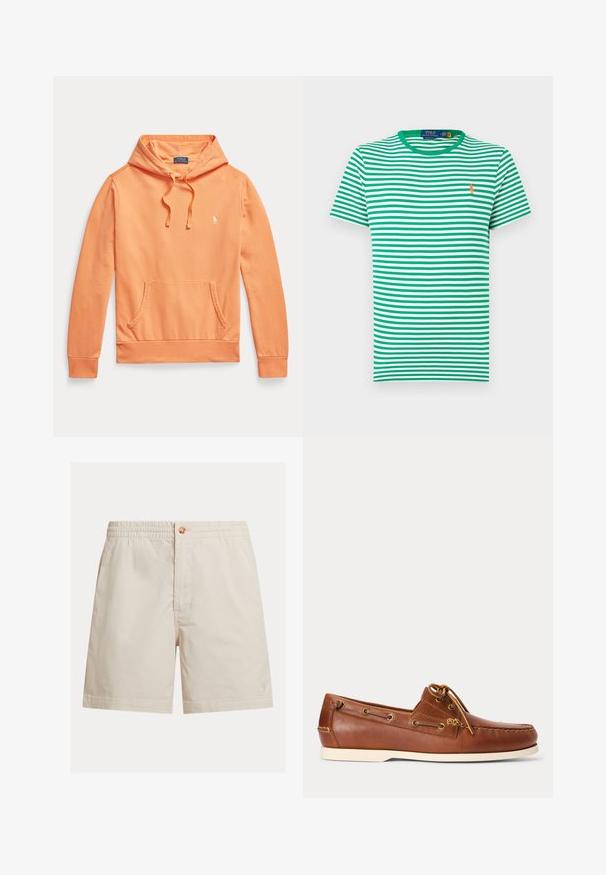 Sudadera naranja de manga larga con capucha, bolsillo delantero tipo canguro y cordones, con un pequeño logo blanco de Polo Ralph Lauren en el pecho.; Camiseta de manga corta con rayas horizontales verdes y blancas, cuello redondo verde y pequeño logo naranja en el pecho izquierdo.; Pantalones cortos para hombre en beige claro, hechos de mezcla de algodón, con cintura elástica, cierre de botón y un solo logo cerca del dobladillo.; Zapato náutico de cuero marrón con suela blanca, cordones atados en la parte superior y ojales metálicos a lo largo de los lados y la costura delantera.
