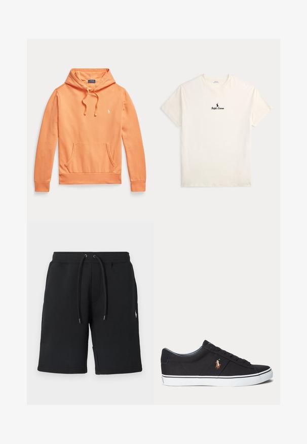 Orange hættetrøje med lange ærmer, frontlomme og snore, med lille hvid Polo Ralph Lauren-logo på brystet.; Kremfarvet T-shirt med korte ærmer med Ralph Lauren-logo og tekst centreret på brystet, lagt fladt på en lys baggrund.; Sorte sweatshorts lavet af blødt stof, med snøre i taljen med metalender og en lille logo på benet. Glat tekstur, designet til komfort.; Sort lav sneakersko med hvid sål og broderet polo spiller logo på siden, med snørebånd og tekstureret stofoverdel.