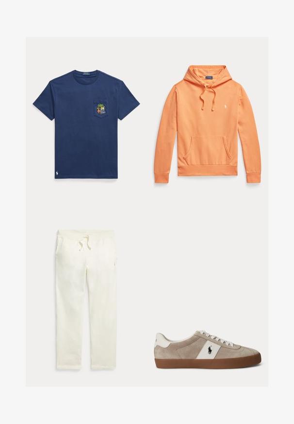 Sudadera naranja de manga larga con capucha, bolsillo delantero tipo canguro y cordones, con un pequeño logo blanco de Polo Ralph Lauren en el pecho.; Camiseta azul marino de manga corta con un pequeño bolsillo en el pecho que presenta un bordado de palmera tropical y barco, y un logo Polo cerca del dobladillo.; Pantalones deportivos color hueso con cintura elástica, bolsillos delanteros y cordón ajustable.; Zapatilla beige de ante con corte bajo, cordones blancos, detalle de piel blanca con logo de caballo negro y suela de goma marrón.