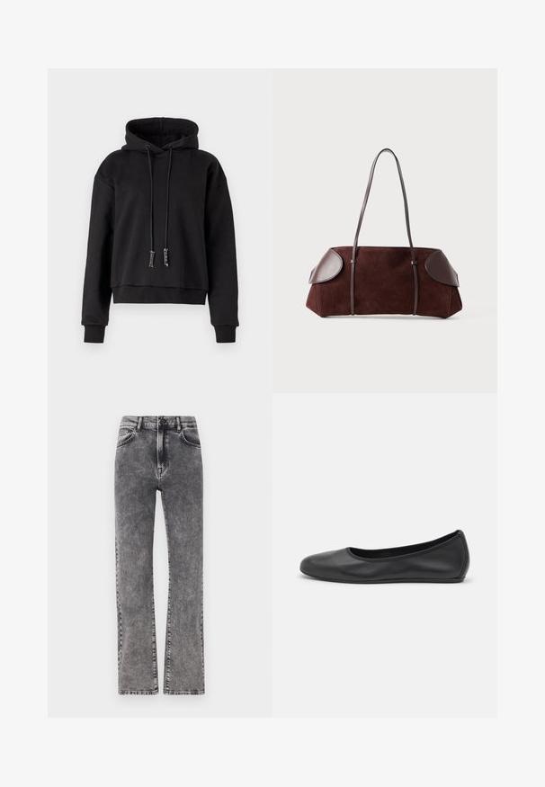 Sudadera corta negra de tela suave, con capucha ajustable, mangas largas y puños acanalados en el dobladillo y las mangas.; Jeans de denim gris de talle alto con un diseño de pierna recta, que presentan un ligero efecto de desgaste y un estilo de cinco bolsillos estándar.; Bailarina de piel negra con punta redondeada, textura suave, detalle de costura minimalista y diseño de suela flexible.; Bolsa de ante marrón con acentos de cuero, forma estructurada, doble strap para el hombro y bordes redondeados, con una textura suave y hardware minimal.