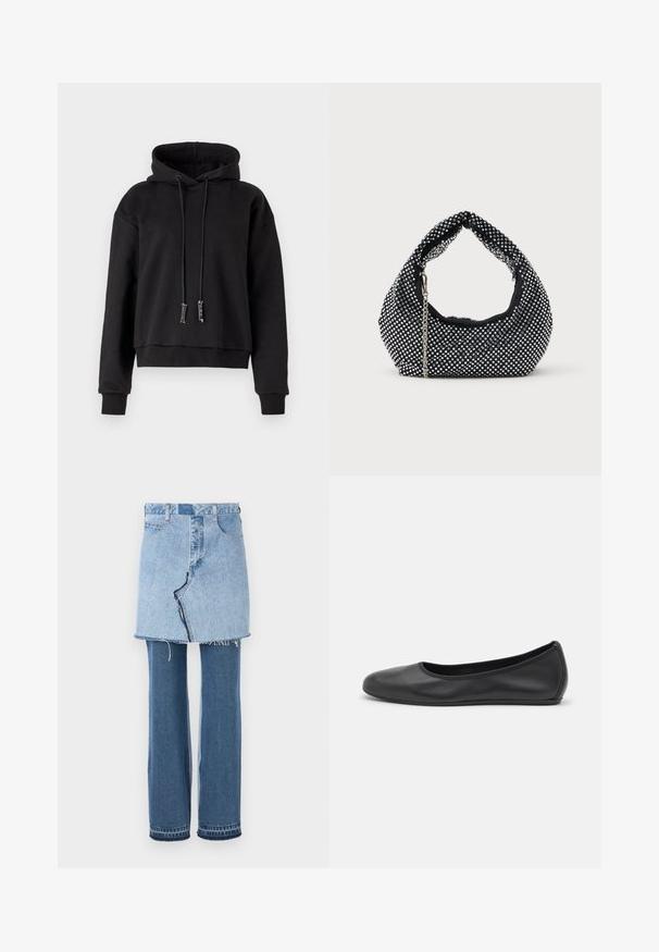 Čierna skrátená mikina s kapucňou vyrobená z mäkkej tkaniny, s viazacou kapucňou, dlhými rukávmi a rebrovanými manžetami na leme a rukávoch.; Džínový odev kombinujúci svetlomodrú mini sukňu navrchu a tmavomodré zvonové džínsy dole; má ostrihaný lem a klasickú džínovú textúru.; Čierne kožené baleríny s okrúhlou špičkou, hladkým povrchom, minimálnym prešívaním a flexibilným dizajnom podrážky.; Čierna sieťovaná kabelka zdobená striebornými nitmi, s obľúbenou rukoväťou a reťazovou popruhom. Mäkká textura s zaobleným tvarom.