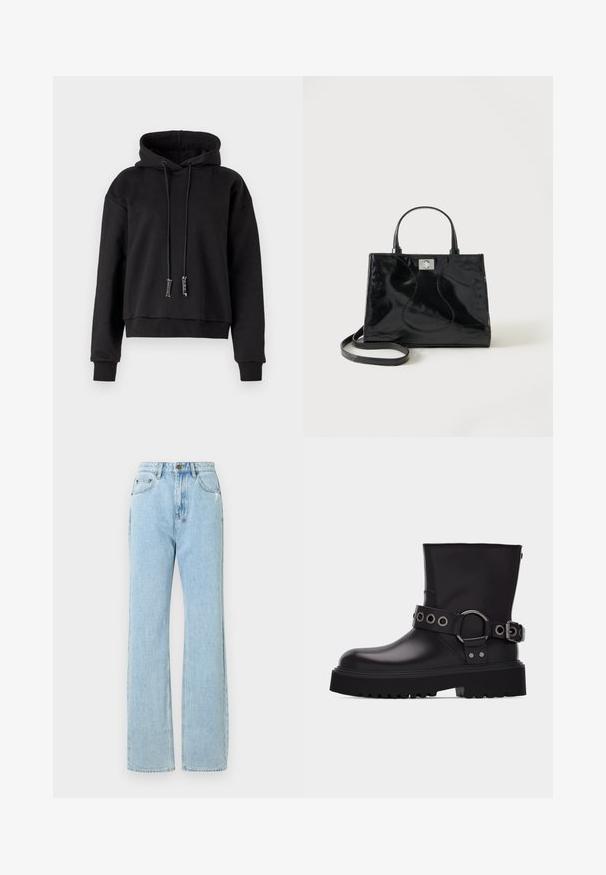 Sort cropped hoodie lavet af blødt stof, med snoretræk i huen, lange ærmer og ribbede manchetter ved kanten og ærmerne.; Lyseblå denimjeans med en lige benlængde, der har en lynlås i åbningen, fem lommer og subtile slidte detaljer.; Sort læderstøvle til midten af læggen med tyk sål med slidbanemønster, dekorativ rem med sølvmetal-øjer og spænde på siden.; Sort håndtaske i laklæder med afrundede håndtag, aftagelig skulderrem og sølvspænde på ensartet hvid baggrund.