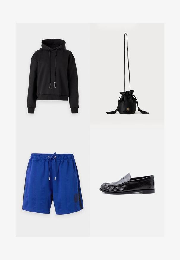 Sudadera corta negra de tela suave, con capucha ajustable, mangas largas y puños acanalados en el dobladillo y las mangas.; Pantalones cortos deportivos azules con una cintura elástica, cordón, rayas negras laterales y un diseño de heráldica floral. Textura de tela suave.; Mocasín de hombre de cuero negro con correa para moneda y costuras detalladas a lo largo de la puntera redondeada, suela plana y tacón bajo.; Bolso tipo bucket negro con cordón, con una correa larga y delgada y un pequeño logo cuadrado dorado en la parte delantera, mostrado sobre un fondo liso.