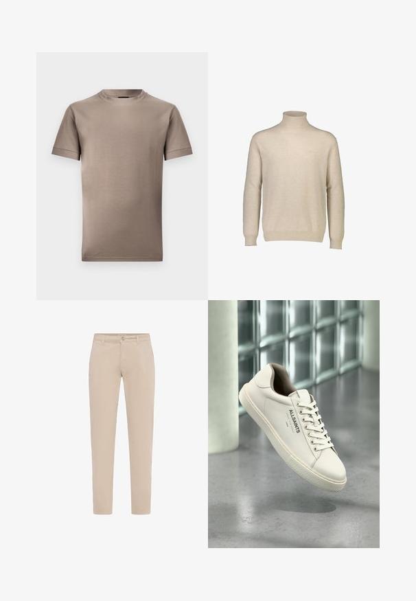 Beige turtleneck sweater lavet af blødt, let materiale. Har lange ærmer, ribbede manchetter og et enkelt, klassisk design.; Brun kortærmet t-shirt lavet af glat stof, med en rund halsudskæring og kantede ærmer med et rent, enkelt design.; Beige slim-fit chinos med forreste knap- og lynlåslukning, bæltestropper og sidelommer, vist på en hvid baggrund.; Hvid AllSaints sneaker med snørebånd, logo og japansk tekst hængende over en poleret betongulv med frostede glasblokke i baggrunden.