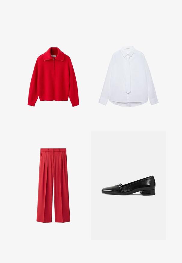 Rød ribstrikket sweater med lange ærmer og en kvart-lynlås ved kraven, vist fladt mod en hvid baggrund.; Hvid langærmet skjorte med krave og matchende smalt slips, knaplukning foran og manchetter, vist på en ensfarvet baggrund.; Røde, højtaljede, plisserede brede bukser lavet af glat stof. Har bæltestropper og en frontlukning med lynlås. Klassisk skræddersyet design.; Sorte patentlæder balletflade med spids tå, lav firkantet hæl og en lille metallisk spænde detalje på remmen. Glat tekstur.