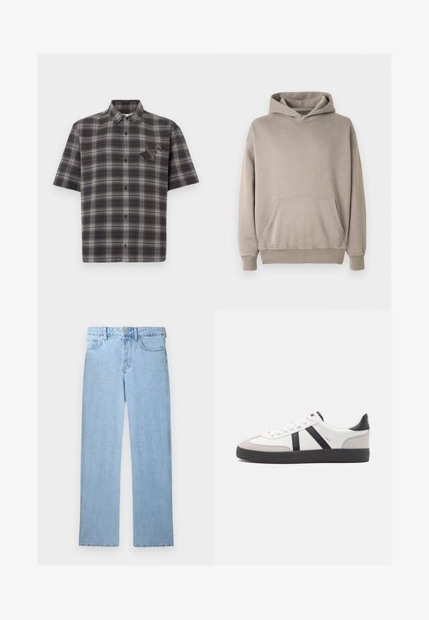 Sweat-shirt à capuche de couleur beige clair avec une poche kangourou, des poignets et un ourlet côtelés. Fabriqué en tissu doux et texturé.; Chemise à manches courtes à carreaux bleu foncé et gris. Dotée d'une fermeture à boutons sur le devant, d'un col pointu, et d'un accent en forme d'étoile texturée sur la poitrine.; Jean denim bleu clair taille haute avec jambe droite, fermeture à bouton et zip à l'avant, et design à cinq poches sur fond blanc.; Baskets blanches avec des accents noirs et gris, présentant un embout texturé gris, une semelle en caoutchouc noir et des lacets plats blancs. Design épuré, style minimaliste.