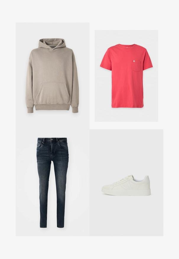 Hoodie in einem hellbeigen Farbton mit einer Kängurutasche, gerippten Bündchen und Saum. Hergestellt aus weichem, strukturiertem Stoff.; Schlichtes rotes T-Shirt mit kurzen Ärmeln und einer kleinen Brusttasche auf der linken Seite, mit einem GAP-Logoetikett an der Tasche.; Dunkelblaue Jeans aus Denim mit schlanker Passform, fünf Taschen, geraden Beinen und Kontrastnähten, mit einem Knopf- und Reißverschluss.; Weiße Sneakers mit glatter Lederoberfläche, runder Zehenpartie, flacher Gummisohle und dezenten Nahtdetails an den Seiten. Mit Schnürung.
