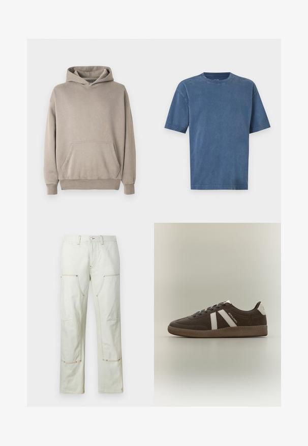 Sweat-shirt à capuche de couleur beige clair avec une poche kangourou, des poignets et un ourlet côtelés. Fabriqué en tissu doux et texturé.; T-shirt bleu uni à manches courtes et col rond, coupe décontractée avec surpiqûres visibles sur les manches et l'ourlet, sur fond blanc.; Pantalons cargo beige clair en coton, dotés de plusieurs poches, de coutures contrastantes et d'une coupe droite. Texture de tissu durable.; Basket en daim marron avec des bandes blanches, un renfort de talon blanc, une semelle gomme et le texte "JACK & JONES" sur le côté, présentée de profil sur un fond uni.