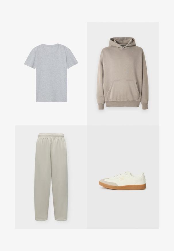 Sweat-shirt à capuche de couleur beige clair avec une poche kangourou, des poignets et un ourlet côtelés. Fabriqué en tissu doux et texturé.; T-shirt gris à manches courtes en mélange de coton doux, avec un col rond classique et une texture lisse et légère.; Pantalon ample beige clair avec taille élastique et jambes droites, présenté sur un fond uni clair.; Baskets en cuir blanc avec une coque beige et une semelle en caoutchouc marron clair. Dotées de lacets blancs plats et d'un logo embossé sur le côté.