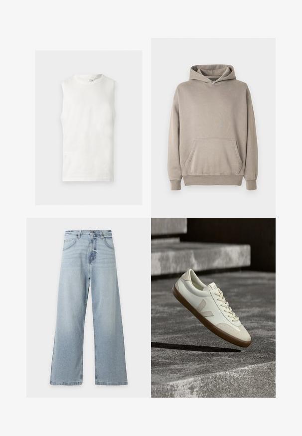 Sweat-shirt à capuche de couleur beige clair avec une poche kangourou, des poignets et un ourlet côtelés. Fabriqué en tissu doux et texturé.; Débardeur blanc sans manches à col rond avec un petit logo GAP à l'intérieur du col arrière, posé à plat sur un fond clair.; Jean bleu clair à jambes larges, taille haute, bouton et fermeture éclair devant, passants de ceinture, poches et léger effet délavé à la braguette.; Baskets en cuir blanc avec semelle en caoutchouc beige, lacets plats et accent en forme de V sur le côté. Présentent une surface lisse et peu de détails de couture.