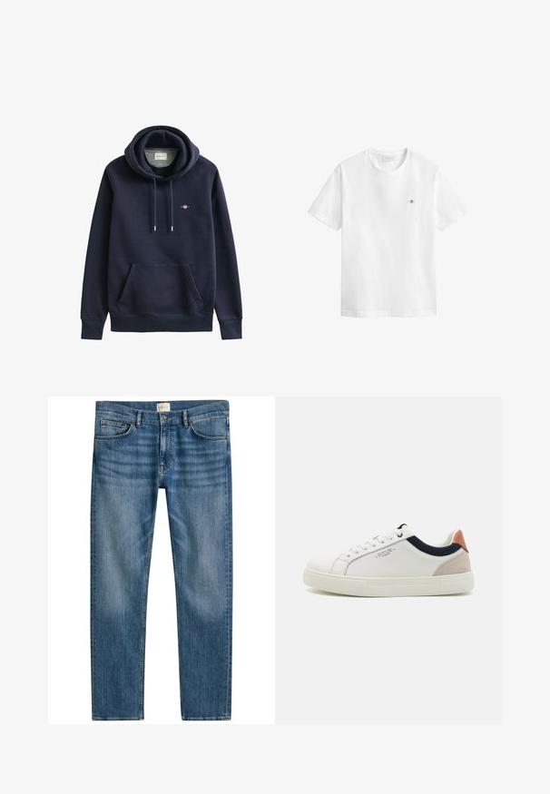 Mørk marineblå hættetrøje med forlomme, snore, ribstrikkede ærmegab og et lille broderet logo på brystet.; Hvid T-shirt med korte ærmer og rund hals, med lille broderet skjoldlogo på venstre bryst og GANT-mærke inde i kraven.; Blå denimjeans med lige snit, der har fem lommer, knaplukning og let falmning over stoffet for tekstur.; Hvide lædersneakers med low-top design, marineblå stofdetalje på kraven og en lys lyserød suede hælflap. Gummisål.