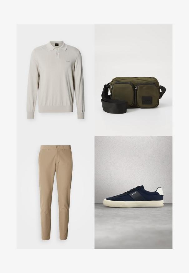 Lichtbeige lange mouwen polo trui met twee knopen en geribbelde manchetten, voorzien van een klein "BOSS" logo op de linkerborst.; Beige broek van gladde stof met een rechte snit, voorzien van een knoopsluiting en voorzakken, en inclusief riemlussen.; Marineblauwe BOSS sneaker met witte zool en hieldetail, zwarte veters, zwevend in de lucht tegen een grijze vloer en glazen wand als achtergrond.; Oliegroene stoffen schoudertas met twee voorzakken met rits, verstelbare zwarte strap en zwart logo-opdruk. Rechthoekige vorm met een gestructureerd oppervlak.