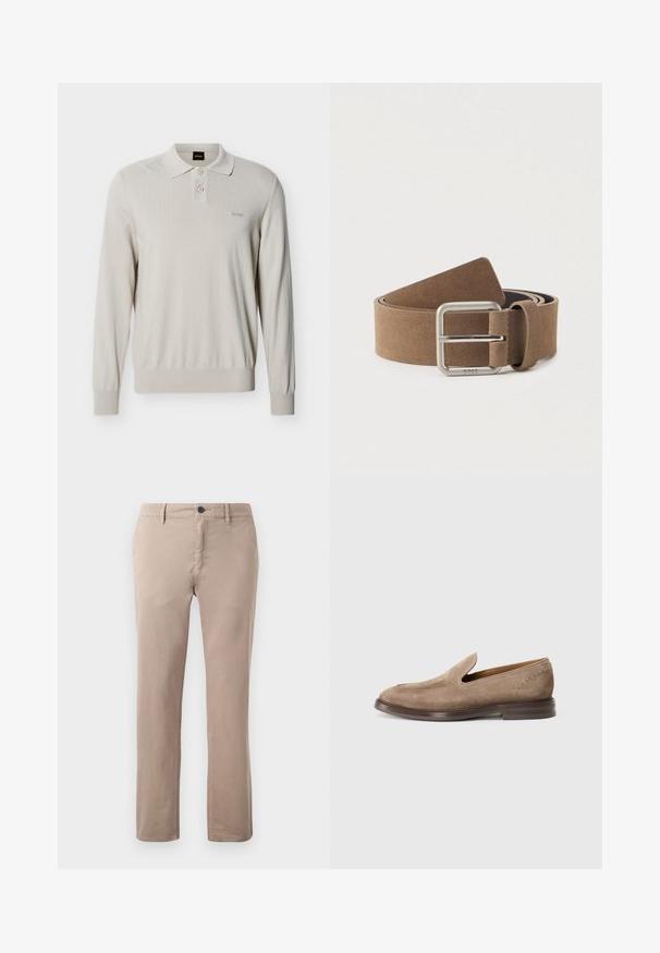 Pull polo à manches longues beige clair avec deux boutons et poignets côtelés, arborant un petit logo « BOSS » sur le côté gauche de la poitrine.; Chinos en coton beige clair avec des jambes droites, des poches avant et un unique bouton en haut à la taille. Texture lisse avec des coutures piquées.; BOSS CASSIAN - Chaussons - beige/khaki; Ceinture en suede marron avec une boucle rectangulaire en argent. La ceinture présente une texture lisse et une extrémité effilée, avec des coutures visibles le long des bords.