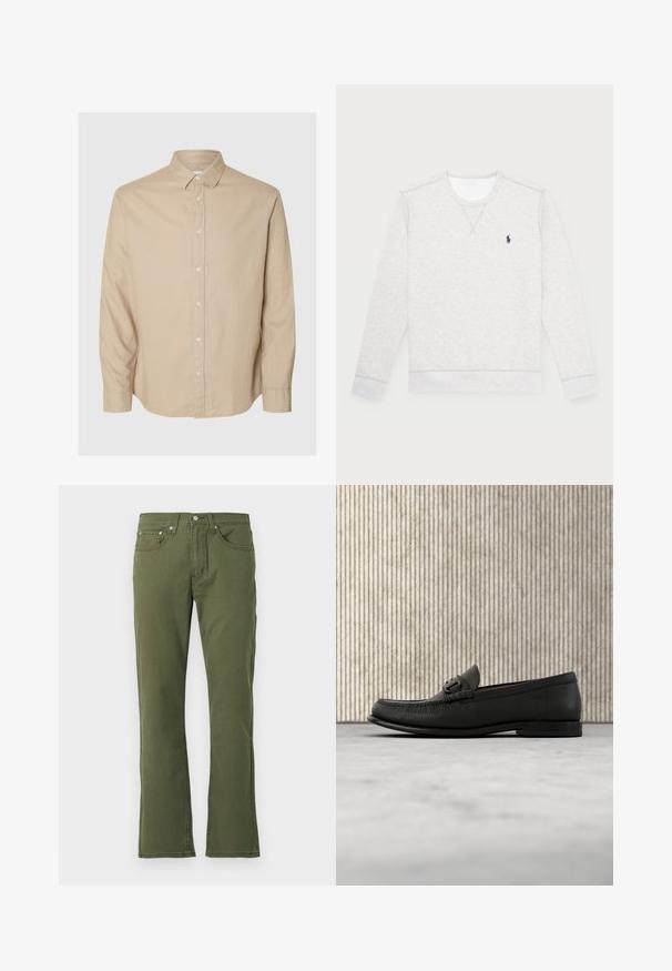 Sweatshirt gris clair en mélange de coton ; présente un col rond, des manches longues et un petit logo marine sur la poitrine.; Selected Flannel - Chemise - pure cashmeredetail:mixed w. oatmeal; Jean évasé vert olive en coton avec une texture lisse ; comporte cinq poches, une fermeture à bouton et des détails de couture subtils.; Mocassin en cuir noir avec détail de mors en métal, présenté au-dessus d'un tapis beige, avec une table ronde marron en arrière-plan.