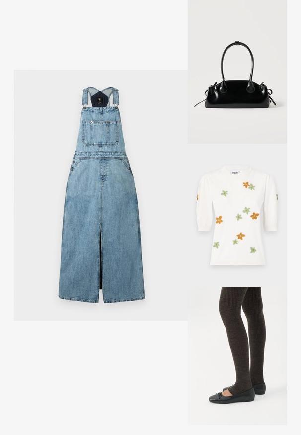 Hvid pullover-sweater med korte pufærmer, prydet med blomsterbroderi i orange, grøn og gul. Klassisk rund halsudskæring og ribbet kant.; Lyseblå denim ærmeløs kjole med frontlomme, justerbare stropper og frontslids ned midt på.; Ben iført mørke ribbede leggings kombineret med sorte balletsko med små sløjfedetaljer på hvid baggrund.; Lille sort blank håndtaske med to lange håndtag og snøre-detaljer i siden på en ensfarvet lys baggrund.