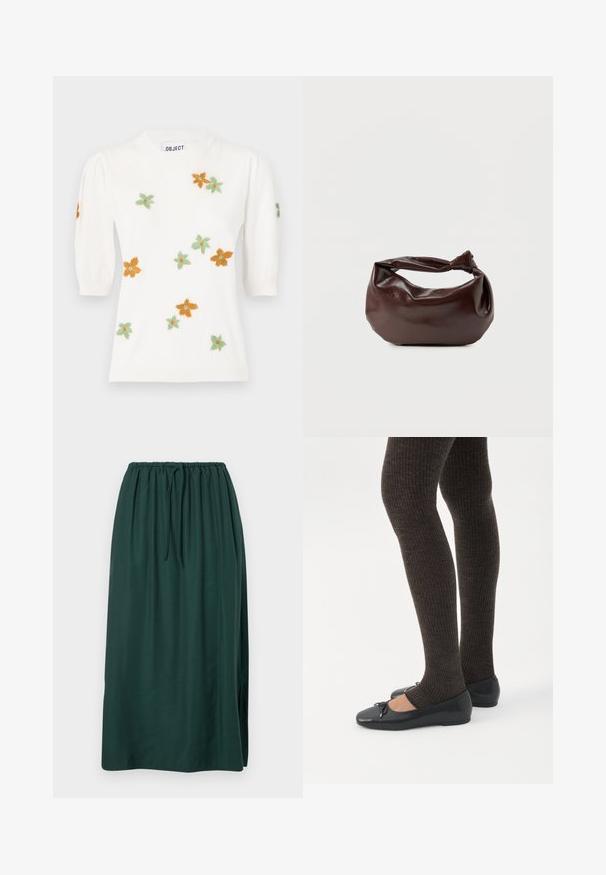 Hvid pullover-sweater med korte pufærmer, prydet med blomsterbroderi i orange, grøn og gul. Klassisk rund halsudskæring og ribbet kant.; Lang, mørkegrøn nederdel lavet af glat stof, med en elastisk talje og snøre, samt en sideslids for øget bevægelse.; Ben iført mørke ribbede leggings kombineret med sorte balletsko med små sløjfedetaljer på hvid baggrund.; Mørkebrun læder skuldertaske med en blød, afslappet form og et snoet knudehåndtag på en ensartet hvid baggrund.