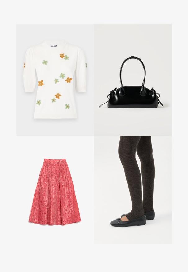 Witte pullover trui met korte pofmouwen, voorzien van bloemenborduurwerk in oranje, groen en geel. Klassieke ronde halslijn en ribbelzoom.; Vloeiende koraalkleurige maxirok van textuurstof, met een bloempatroon en kleine witte accenten, en plooien voor volume.; Benen met donkere geribbelde leggings gecombineerd met zwarte ballerina's met kleine strikdetails op een witte achtergrond.; Kleine zwarte glanzende handtas met twee lange hengsels en zijkant trekkoord details op een effen lichte achtergrond.