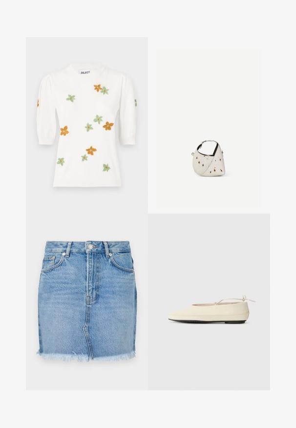 Hvid pullover-sweater med korte pufærmer, prydet med blomsterbroderi i orange, grøn og gul. Klassisk rund halsudskæring og ribbet kant.; Blå denimnederdel med en tætsiddende pasform, rå kant og klassiske forlommer. Glat tekstur med lidt falming for et afslappet look.; Cremefarvede flade sko med rund tå, ankelrem og kontrasterende sort gummisål. Glat materiale med minimal detaljer.; Lille hvid håndtaske med brune pletter, afrundet trekantet form, sort indvendig foring og kort justerbar rem med sølvspænde.