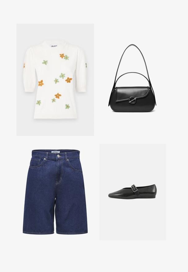 Hvid pullover-sweater med korte pufærmer, prydet med blomsterbroderi i orange, grøn og gul. Klassisk rund halsudskæring og ribbet kant.; Mørkeblå denimshorts med et klassisk fem-lomme design. Har sølvknap og kontrasterende gul syning langs sømmene.; Sorte læder flade sko med spidse tæer, prydet med en metallisk spænde over vristen og en lav, fleksibel sål.; Sort skuldertaske i læder med en buet klap, der er fastgjort med en rund metal spænde, og en slank, justerbar rem.