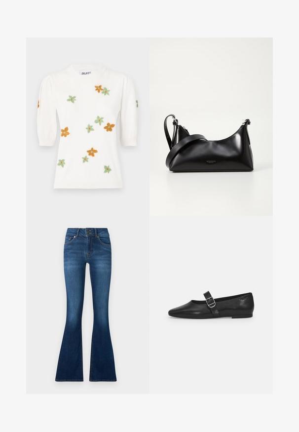 Suéter blanco de punto con mangas abullonadas cortas, adornado con bordados florales en naranja, verde y amarillo. Cuello redondo clásico y dobladillo acanalado.; Jeans acampanados de mezclilla azul oscura. Cuenta con cierre de dos botones, cinco bolsillos y detalles de desvanecimiento en las piernas. Diseño de cintura estándar.; Zapato plano de cuero negro con punta redondeada, una sola correa ajustable con hebilla y una textura suave y brillante. Diseño minimalista con un tacón bajo.; Bolso de mano de cuero negro con una textura suave. Cuenta con una correa ajustable y un diseño elegante y minimalista con cierre de cremallera.